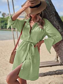 SHEIN LUNE Solid Belted Shirt Dress - Mint Green - View 4