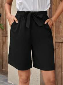 EMERY ROSE Solid Knot Front Wide Leg Shorts - Black - View 3