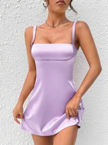 SHEIN PETITE Vestido de tirantes unicolor de satén - Lila Púrpura - Ver 1