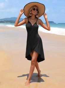 Swim Vcay Summer Beach Solid Asymmetrical Hem Kimono