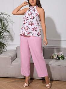 SHEIN Clasi 大碼印花側打結掛脖上衣&闊腿褲 - 粉色 - 查看 1