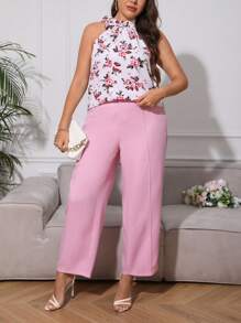 SHEIN Clasi 大碼印花側打結掛脖上衣&闊腿褲 - 粉色 - 查看 4