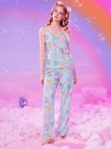 ROMWE X Care Bears Bộ đồ ngủ Nữ viền lá sen Nút phía trước Hoạt hình Tất cả trên in Đáng yêu - Màu xanh nhạt - Xem 1