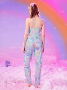 ROMWE X Care Bears Bộ đồ ngủ Nữ viền lá sen Nút phía trước Hoạt hình Tất cả trên in Đáng yêu - Màu xanh nhạt - Xem 2