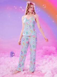 ROMWE X Care Bears Bộ đồ ngủ Nữ viền lá sen Nút phía trước Hoạt hình Tất cả trên in Đáng yêu - Màu xanh nhạt - Xem 3