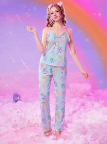 ROMWE X Care Bears Bộ đồ ngủ Nữ viền lá sen Nút phía trước Hoạt hình Tất cả trên in Đáng yêu - Màu xanh nhạt - Xem 4