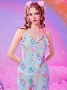 ROMWE X Care Bears Bộ đồ ngủ Nữ viền lá sen Nút phía trước Hoạt hình Tất cả trên in Đáng yêu - Màu xanh nhạt - Xem 5