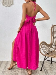 SHEIN VCAY Bộ đồ hai mảnh nữ Nhẫn Buộc lại Tách cao màu trơn Gợi cảm - Màu Hồng Tươi - Xem 2