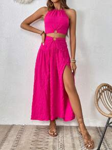 SHEIN VCAY Bộ đồ hai mảnh nữ Nhẫn Buộc lại Tách cao màu trơn Gợi cảm - Màu Hồng Tươi - Xem 4