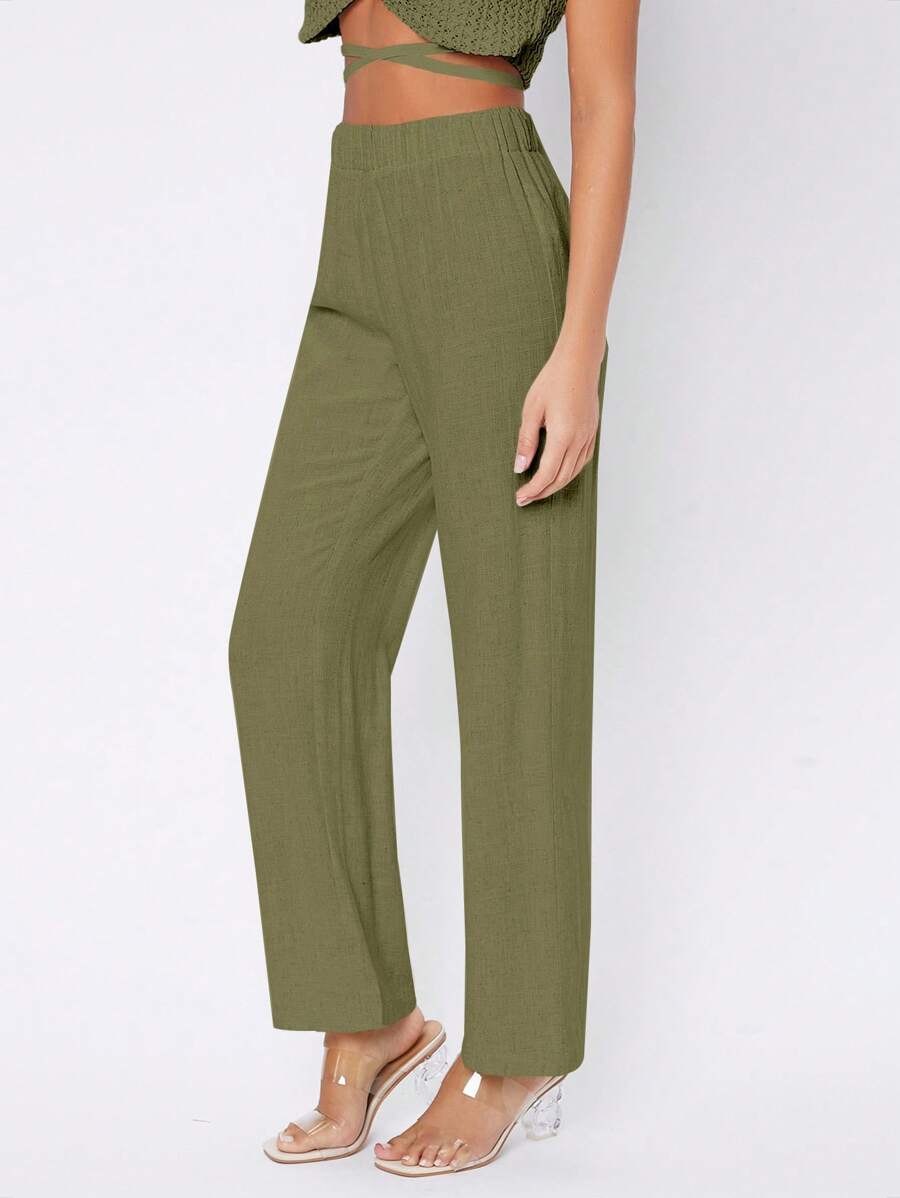 SHEIN PETITE Quần nữ màu trơn Giải trí - xanh quân đội - Xem 1