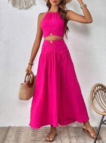 SHEIN VCAY Bộ đồ hai mảnh nữ Nhẫn Buộc lại Tách cao màu trơn Gợi cảm - Màu Hồng Tươi - Xem 5