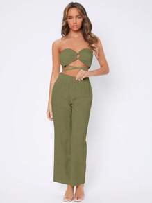 SHEIN PETITE Quần nữ màu trơn Giải trí - xanh quân đội - Xem 3