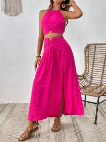 SHEIN VCAY Bộ đồ hai mảnh nữ Nhẫn Buộc lại Tách cao màu trơn Gợi cảm - Màu Hồng Tươi - Xem 6