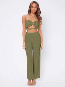 SHEIN PETITE Quần nữ màu trơn Giải trí - xanh quân đội - Xem 4