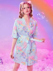 ROMWE X Care Bears Cartoon Bear Print Belted Robe, School - Multicolor - View 1