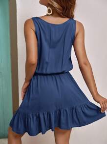 SHEIN LUNE Tie Neck Ruffle Hem Dress - Navy Blue - View 2
