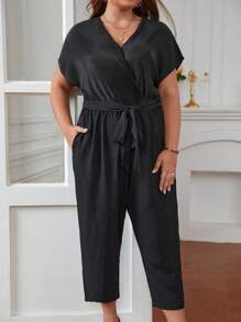 SHEIN Frenchy Jumpsuits Plus Size Thắt lưng Túi Trọn gói màu trơn Giải trí - màu đen - Xem 1