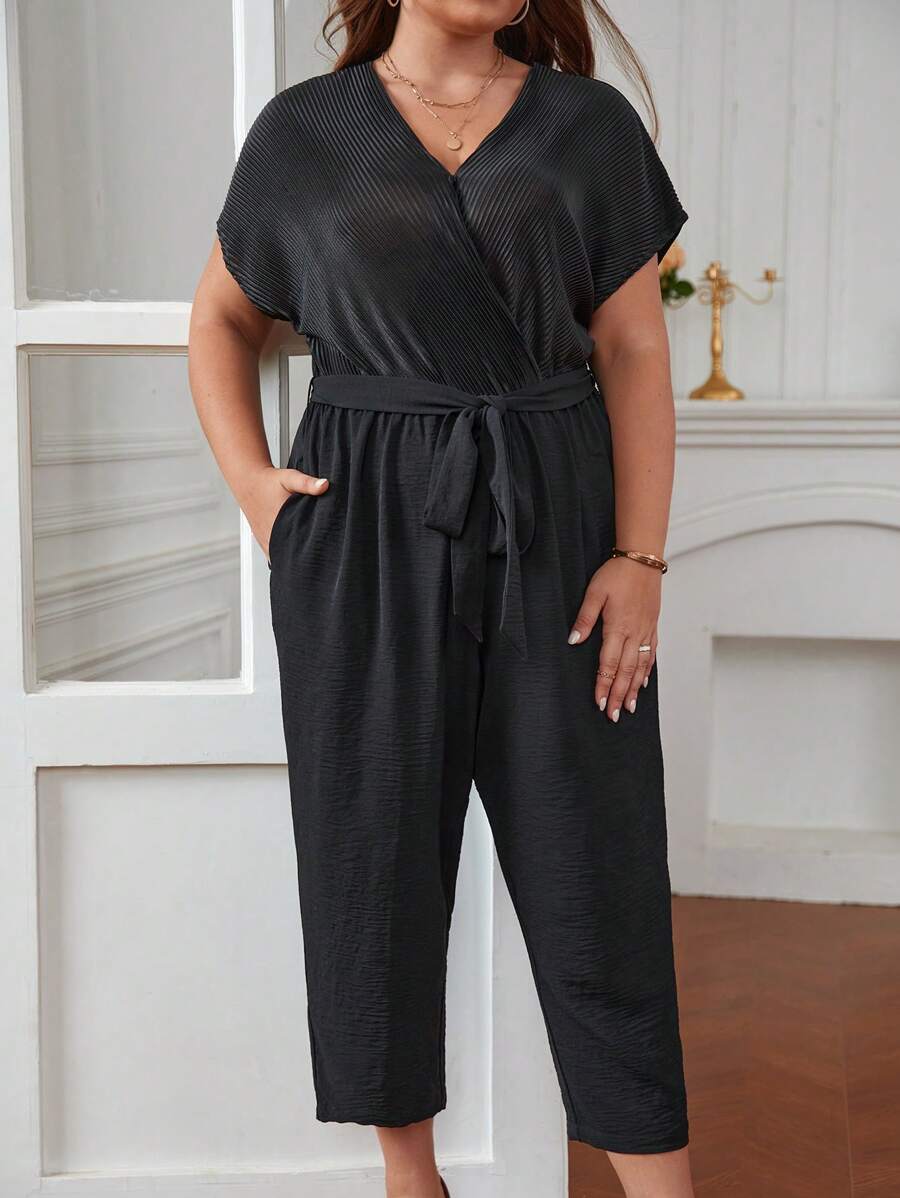 SHEIN Frenchy Jumpsuits Plus Size Thắt lưng Túi Trọn gói màu trơn Giải trí - màu đen - Xem 1