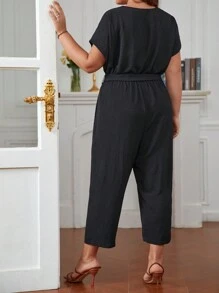 SHEIN Frenchy Jumpsuits Plus Size Thắt lưng Túi Trọn gói màu trơn Giải trí - màu đen - Xem 2