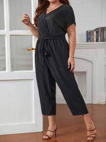 SHEIN Frenchy Jumpsuits Plus Size Thắt lưng Túi Trọn gói màu trơn Giải trí - màu đen - Xem 4