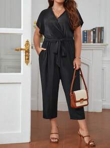 SHEIN Frenchy Jumpsuits Plus Size Thắt lưng Túi Trọn gói màu trơn Giải trí - màu đen - Xem 5