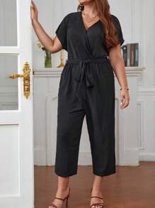SHEIN Frenchy Jumpsuits Plus Size Thắt lưng Túi Trọn gói màu trơn Giải trí - màu đen - Xem 6