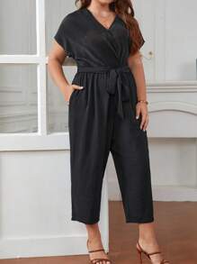 SHEIN Frenchy Jumpsuits Plus Size Thắt lưng Túi Trọn gói màu trơn Giải trí - màu đen - Xem 7