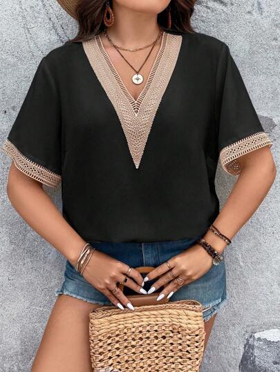 Breezaya Plus Contrast Guipure Lace Blouse