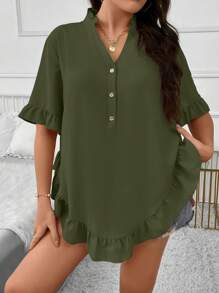 SHEIN LUNE Plus Flounce Sleeve Ruffle Hem Half Button Curved Hem Blouse - Army Green - View 1