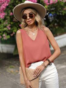 SHEIN LUNE 素色無袖V領襯衫 - 粉色 - 查看 1