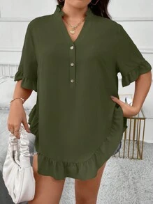 SHEIN LUNE Plus Flounce Sleeve Ruffle Hem Half Button Curved Hem Blouse - Army Green - View 3