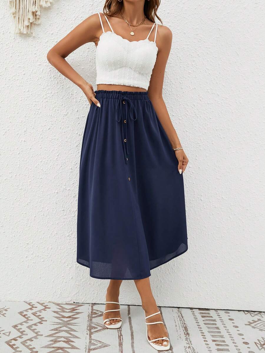 SHEIN Frenchy Váy nữ Thắt nút Nút phía trước Quần paper-bag màu trơn Giải trí - Màu xanh hải quân - Xem 1