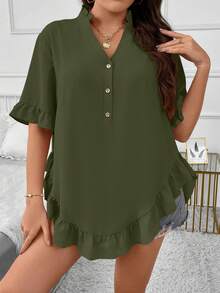 SHEIN LUNE Plus Flounce Sleeve Ruffle Hem Half Button Curved Hem Blouse - Army Green - View 4