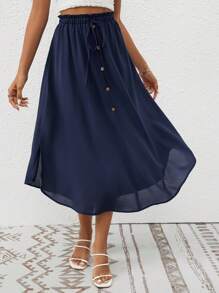 SHEIN Frenchy Váy nữ Thắt nút Nút phía trước Quần paper-bag màu trơn Giải trí - Màu xanh hải quân - Xem 3