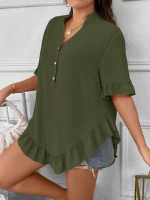 SHEIN LUNE Plus Flounce Sleeve Ruffle Hem Half Button Curved Hem Blouse - Army Green - View 5