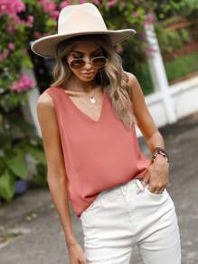 SHEIN LUNE 素色無袖V領襯衫 - 粉色 - 查看 4
