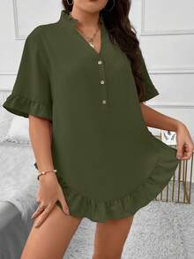 SHEIN LUNE Plus Flounce Sleeve Ruffle Hem Half Button Curved Hem Blouse - Army Green - View 7