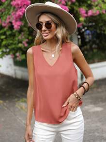 SHEIN LUNE 素色無袖V領襯衫 - 粉色 - 查看 5