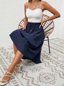 SHEIN Frenchy Váy nữ Thắt nút Nút phía trước Quần paper-bag màu trơn Giải trí - Màu xanh hải quân - Xem 4