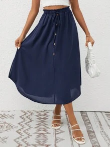 SHEIN Frenchy Váy nữ Thắt nút Nút phía trước Quần paper-bag màu trơn Giải trí - Màu xanh hải quân - Xem 6