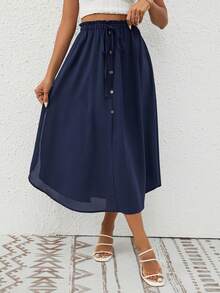 SHEIN Frenchy Váy nữ Thắt nút Nút phía trước Quần paper-bag màu trơn Giải trí - Màu xanh hải quân - Xem 2