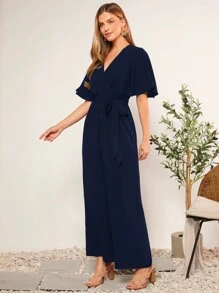 SHEIN LUNE 夏季系带V领波点印花连体裤，适合休闲或乡村场合，女士连身裤，休闲款 - 藏蓝色 - 查看 4