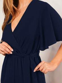 SHEIN LUNE 夏季系带V领波点印花连体裤，适合休闲或乡村场合，女士连身裤，休闲款 - 藏蓝色 - 查看 6