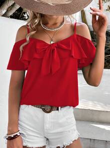 SHEIN VCAY 挖肩前蝴蝶結荷葉邊襯衫 - 紅色 - 查看 1