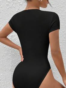 SHEIN PETITE Solid Ribbed Knit Tee Summer Black Bodysuit - Black - View 2