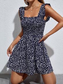 SHEIN PETITE 碎花荷葉邊連衣裙 - 藍白色 - 查看 6