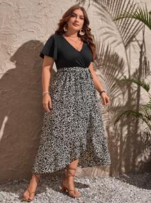 SHEIN Clasi Hơn In hoa Báo Surplice cổ Váy có thắt lưng - Nhiều màu - Xem 1