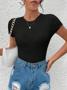 SHEIN PETITE Solid Ribbed Knit Tee Summer Black Bodysuit - Black - View 5