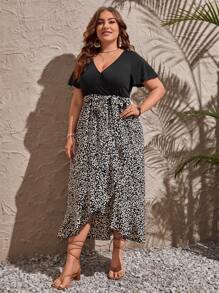 SHEIN Clasi Hơn In hoa Báo Surplice cổ Váy có thắt lưng - Nhiều màu - Xem 5