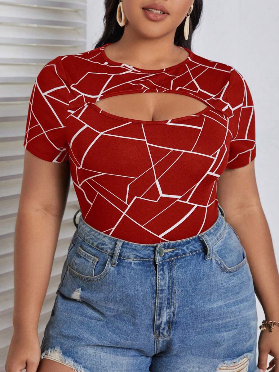 SHEIN Privé Camiseta con estampado geométrico con abertura - Burdeos - Ver 1